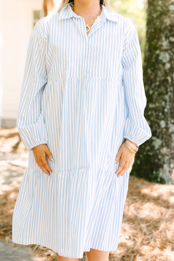 Chic soul plus size clothing, blue and white vertical pin stripe long sleeve tiered midi dress with collar and buttons
