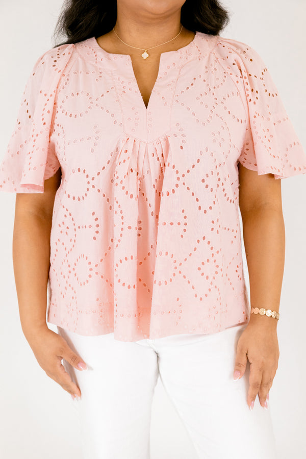 Chic Soul plus size clothing, light blush pink short flutter sleeve top with eyelet detailing and a v neck cutout 