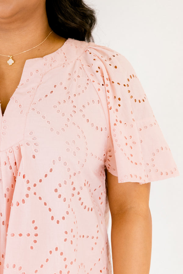 Chic Soul plus size clothing, light blush pink short flutter sleeve top with eyelet detailing and a v neck cutout 