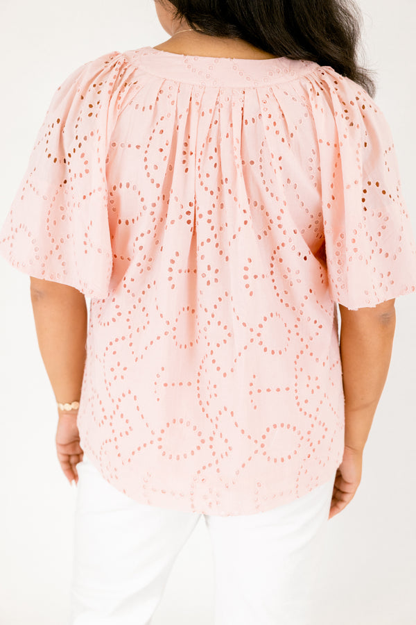 Chic Soul plus size clothing, light blush pink short flutter sleeve top with eyelet detailing and a v neck cutout 