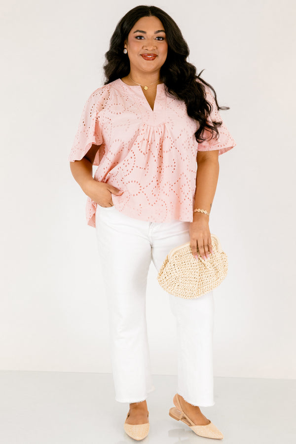 Chic Soul plus size clothing, light blush pink short flutter sleeve top with eyelet detailing and a v neck cutout 