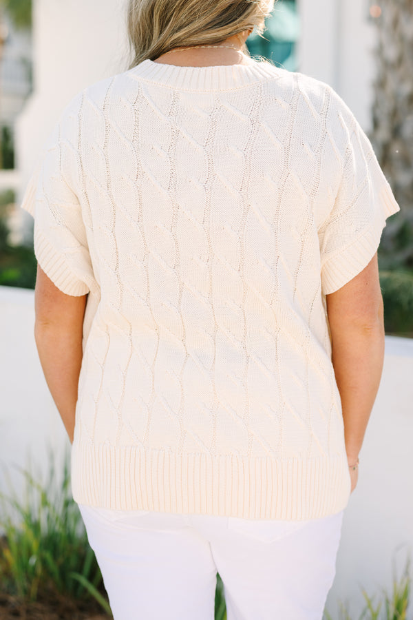 Chic Soul plus size clothing, cream cable knit short sleeve sweater