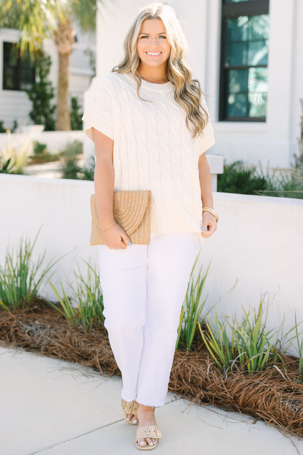 Chic Soul plus size clothing, cream cable knit short sleeve sweater