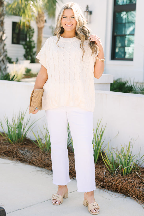 Chic Soul plus size clothing, cream cable knit short sleeve sweater