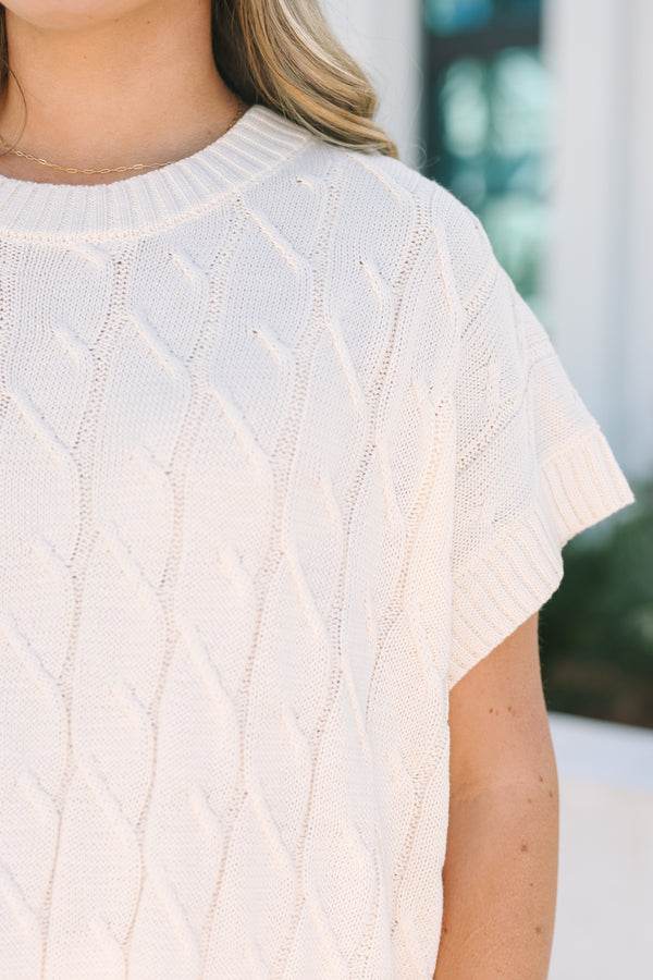Chic Soul plus size clothing, cream cable knit short sleeve sweater