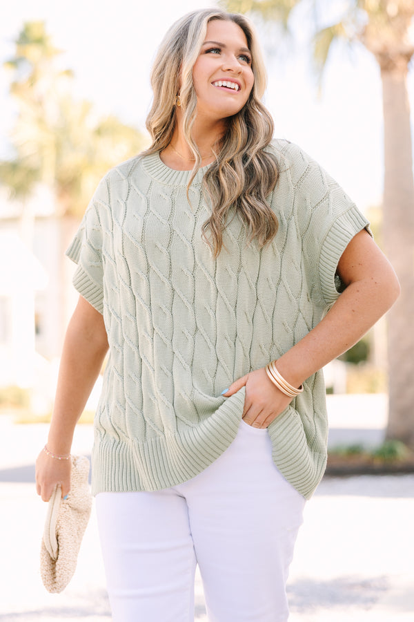 Chic soul plus size clothing, light dusty green short sleeve cable knit sweater top