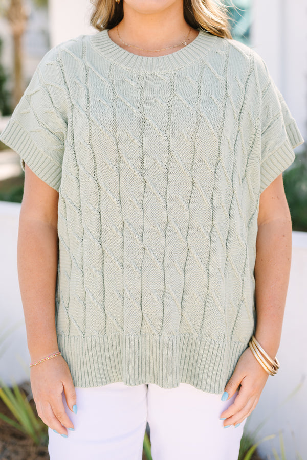 Chic soul plus size clothing, light dusty green short sleeve cable knit sweater top