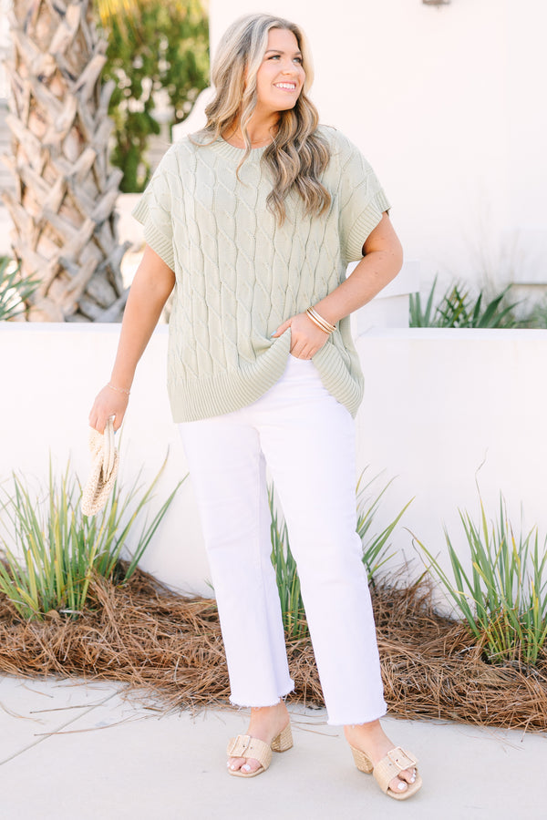 Chic soul plus size clothing, light dusty green short sleeve cable knit sweater top