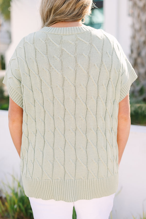 Chic soul plus size clothing, light dusty green short sleeve cable knit sweater top
