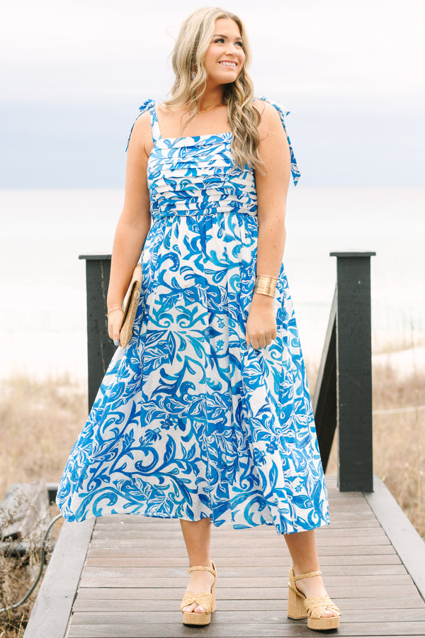 Chic Soul plus size clothing, white and blue floral sleeveless tied shoulder strap midi dress with structured top 