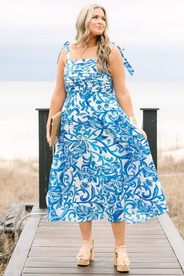 Chic Soul plus size clothing, white and blue floral sleeveless tied shoulder strap midi dress with structured top 