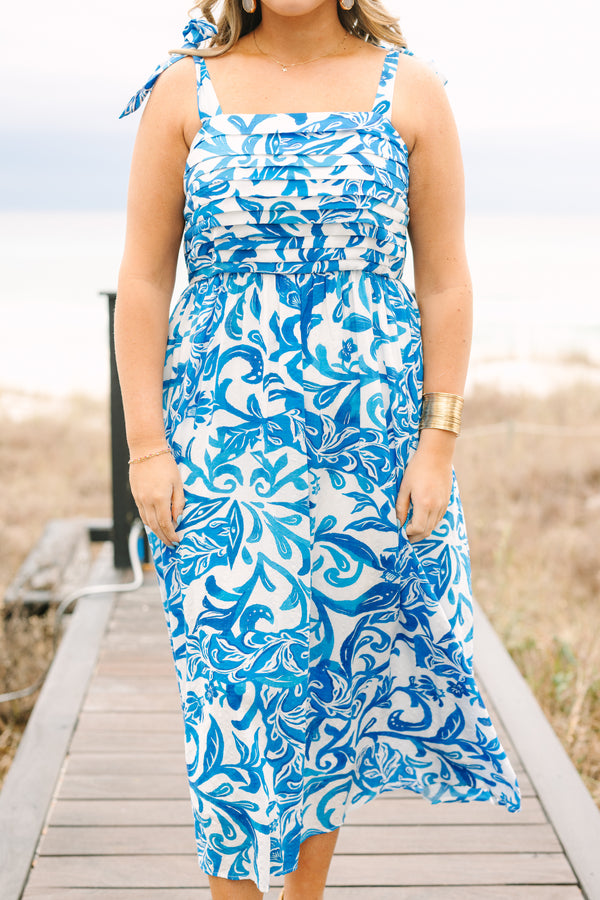 Chic Soul plus size clothing, white and blue floral sleeveless tied shoulder strap midi dress with structured top 