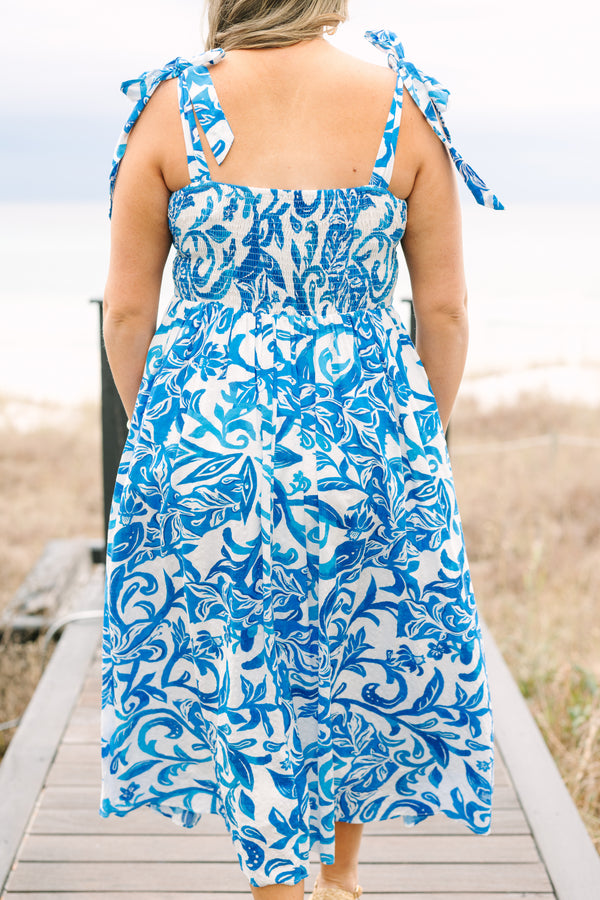 Chic Soul plus size clothing, white and blue floral sleeveless tied shoulder strap midi dress with structured top 