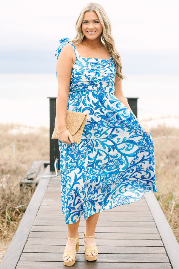 Chic Soul plus size clothing, white and blue floral sleeveless tied shoulder strap midi dress with structured top 