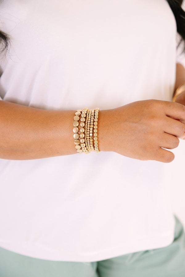 Chic Soul plus size clothing, gold beaded bracelets stack with different variations of beads on each bracelets 