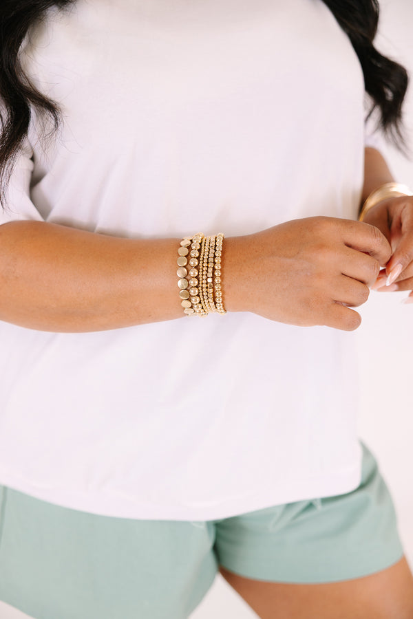 Chic Soul plus size clothing, gold beaded bracelets stack with different variations of beads on each bracelets 