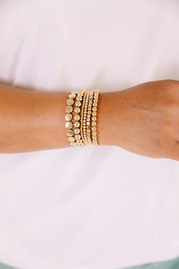 Chic Soul plus size clothing, gold beaded bracelets stack with different variations of beads on each bracelets 