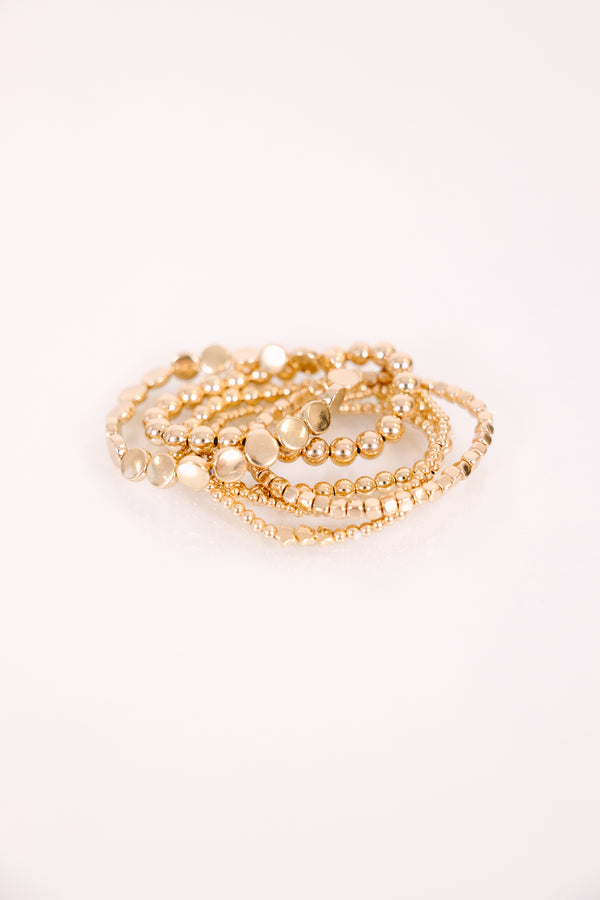 Chic Soul plus size clothing, gold beaded bracelets stack with different variations of beads on each bracelets 