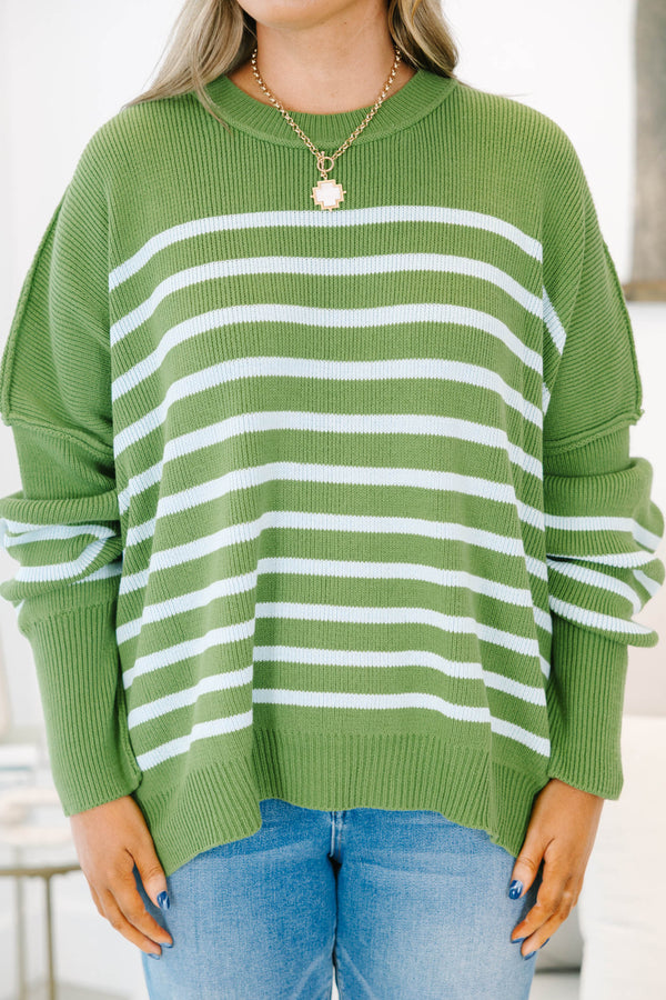 Plus Size olive green and white striped knit sweater with a crew neck and long bubble sleeves.