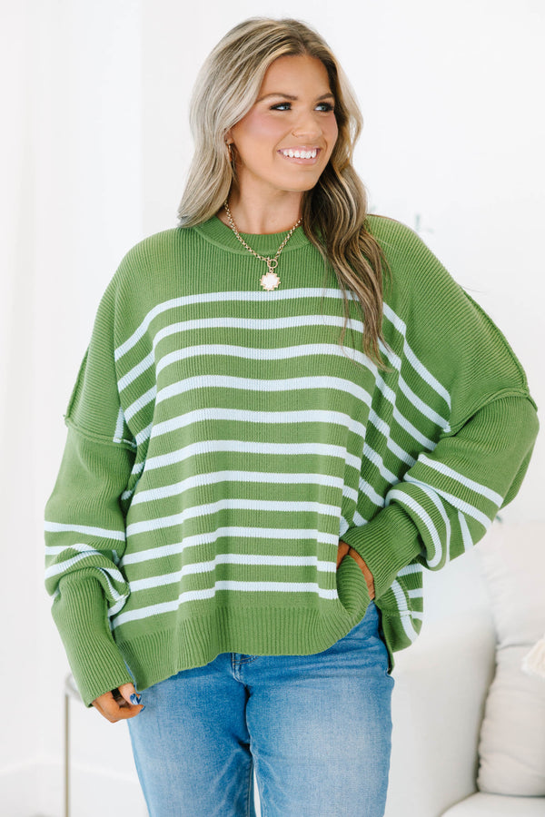 Plus Size olive green and white striped knit sweater with a crew neck and long bubble sleeves.