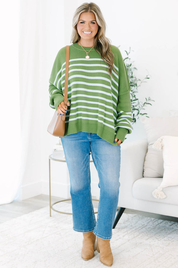 Plus Size olive green and white striped knit sweater with a crew neck and long bubble sleeves.