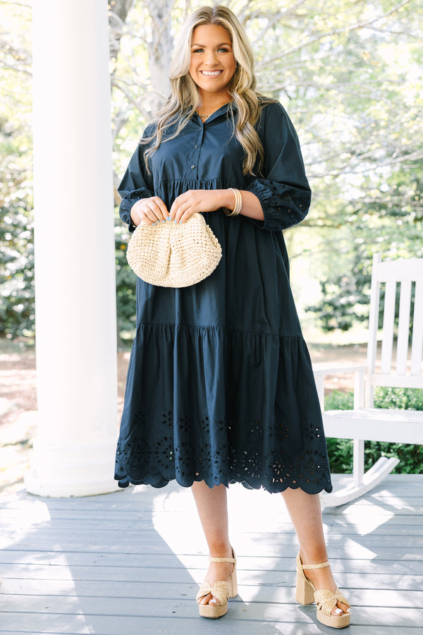 Chic soul plus size clothing, navy maxi dress with long bubble sleeves and eyelet detailing at the bottom of the dress and at the end of the sleeves 