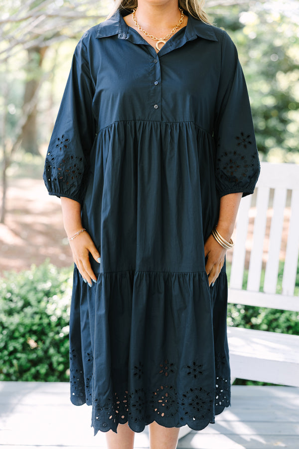 Chic soul plus size clothing, navy maxi dress with long bubble sleeves and eyelet detailing at the bottom of the dress and at the end of the sleeves 