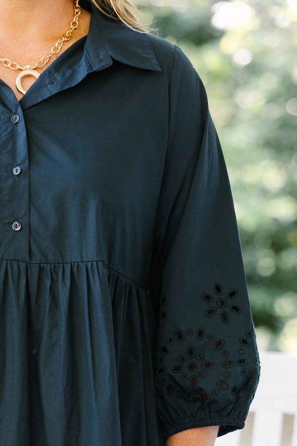 Chic soul plus size clothing, navy maxi dress with long bubble sleeves and eyelet detailing at the bottom of the dress and at the end of the sleeves 
