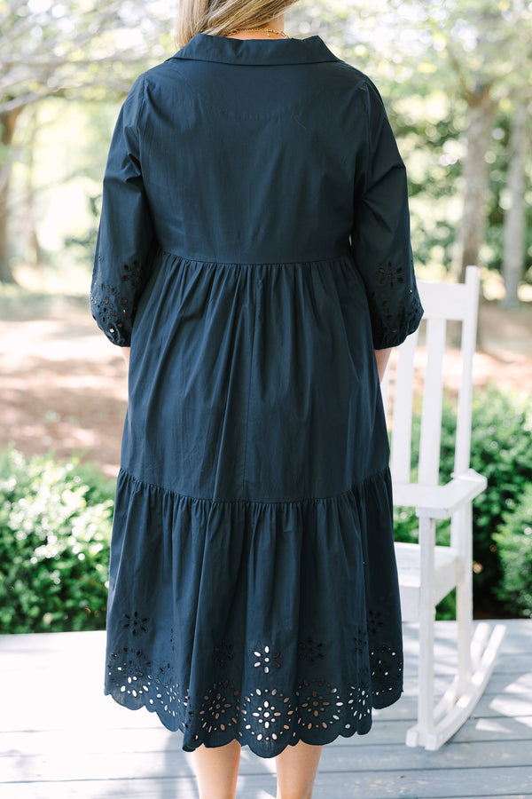 Chic soul plus size clothing, navy maxi dress with long bubble sleeves and eyelet detailing at the bottom of the dress and at the end of the sleeves 