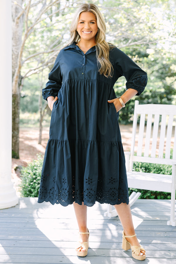 Chic soul plus size clothing, navy maxi dress with long bubble sleeves and eyelet detailing at the bottom of the dress and at the end of the sleeves 