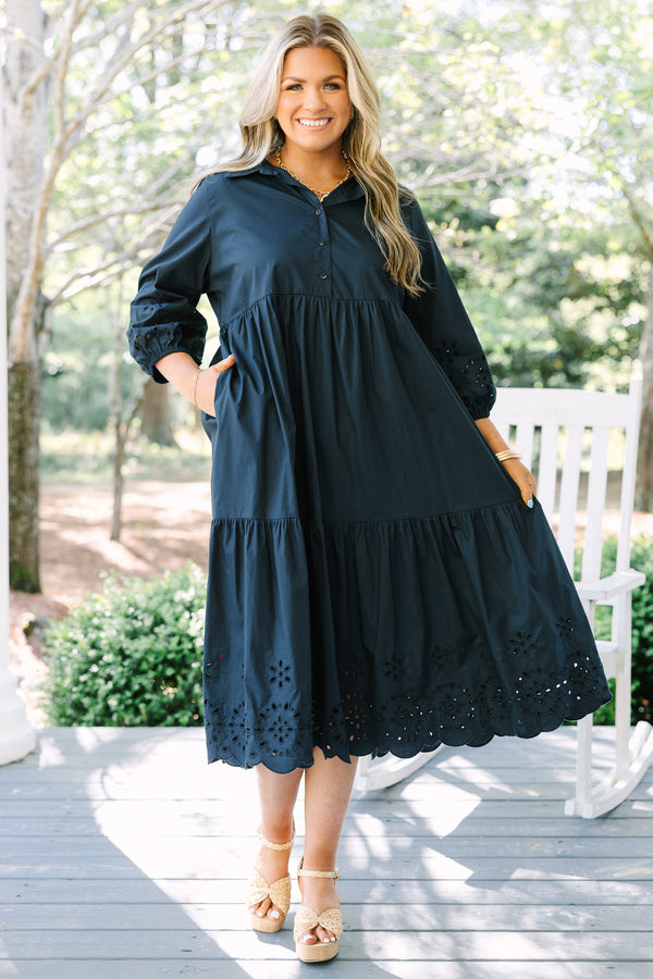 Chic soul plus size clothing, navy maxi dress with long bubble sleeves and eyelet detailing at the bottom of the dress and at the end of the sleeves 