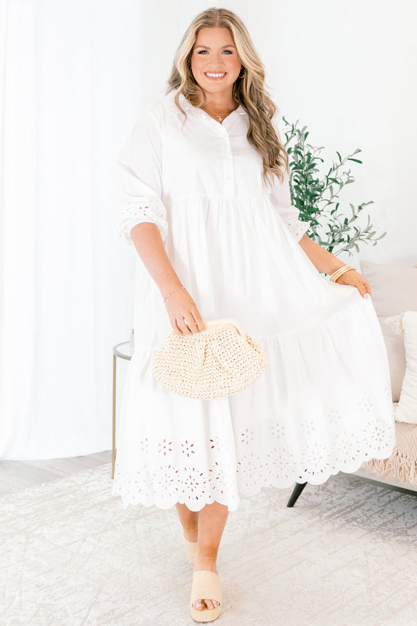 Chic Soul plus size clothing, White midid dress with buttons going down to the bottom of the chest and a collar of the neckline as well as eyelet details at the end of the sleeves and bottom of the dress 
