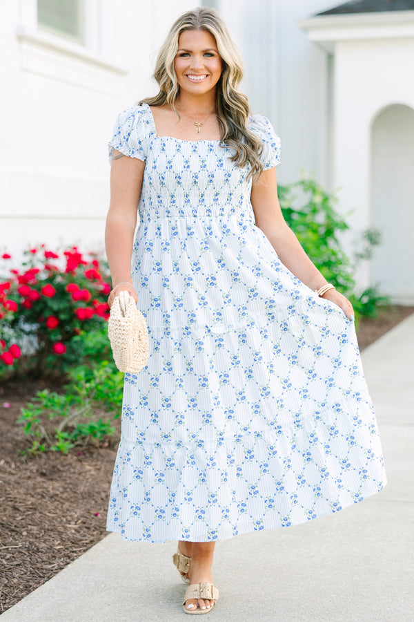 Chic Soul plus size clothing, short sleeve white midi dress with dainty blue floral design and smocked babydoll style with tiers