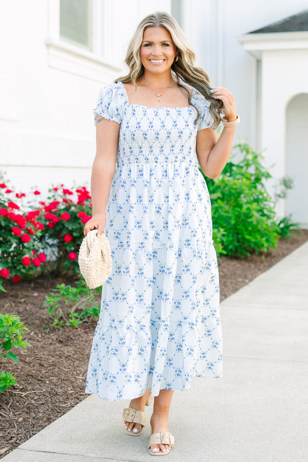 Chic Soul plus size clothing, short sleeve white midi dress with dainty blue floral design and smocked babydoll style with tiers