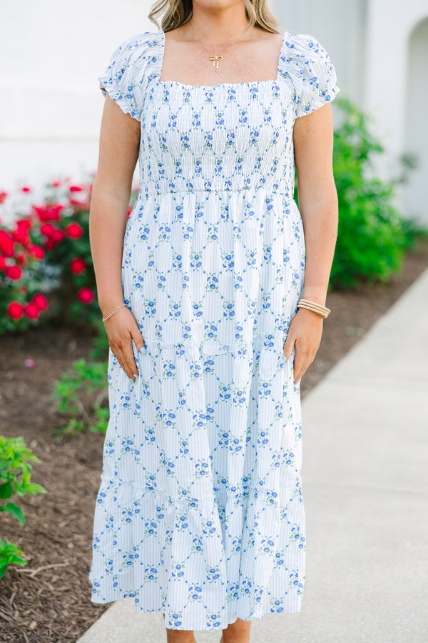 Chic Soul plus size clothing, short sleeve white midi dress with dainty blue floral design and smocked babydoll style with tiers