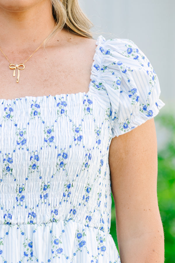 Chic Soul plus size clothing, short sleeve white midi dress with dainty blue floral design and smocked babydoll style with tiers