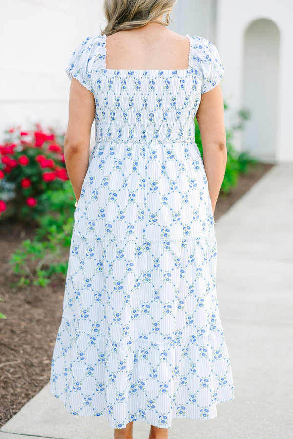 Chic Soul plus size clothing, short sleeve white midi dress with dainty blue floral design and smocked babydoll style with tiers