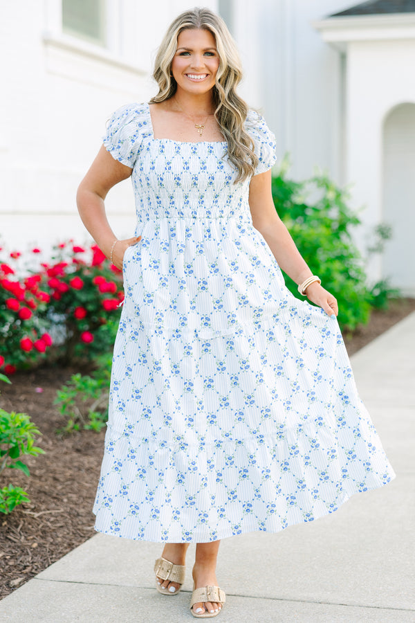 Chic Soul plus size clothing, short sleeve white midi dress with dainty blue floral design and smocked babydoll style with tiers