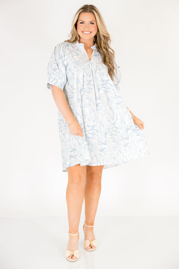 Chic Soul plus size clothing, light mint blue and green abstract watercolor pattern short puff sleeve baby doll dress with v neckline cutout