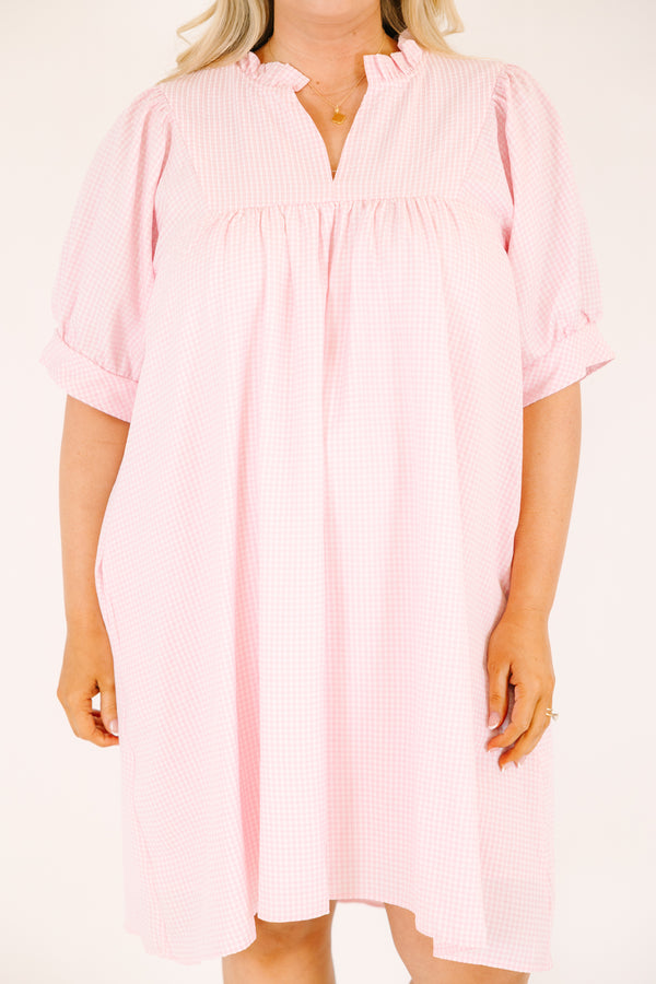 Chic Soul plus size clothing, light pink gingham short puff sleeve baby doll dress with v neckline and ruffle collar