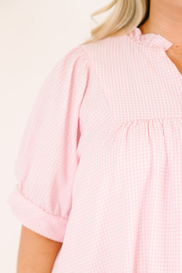 Chic Soul plus size clothing, light pink gingham short puff sleeve baby doll dress with v neckline and ruffle collar