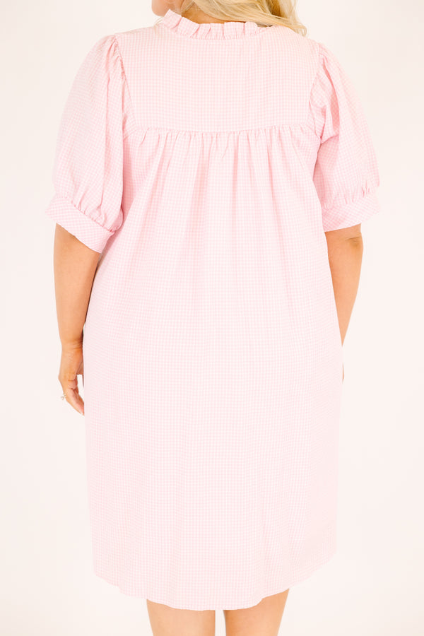 Chic Soul plus size clothing, light pink gingham short puff sleeve baby doll dress with v neckline and ruffle collar