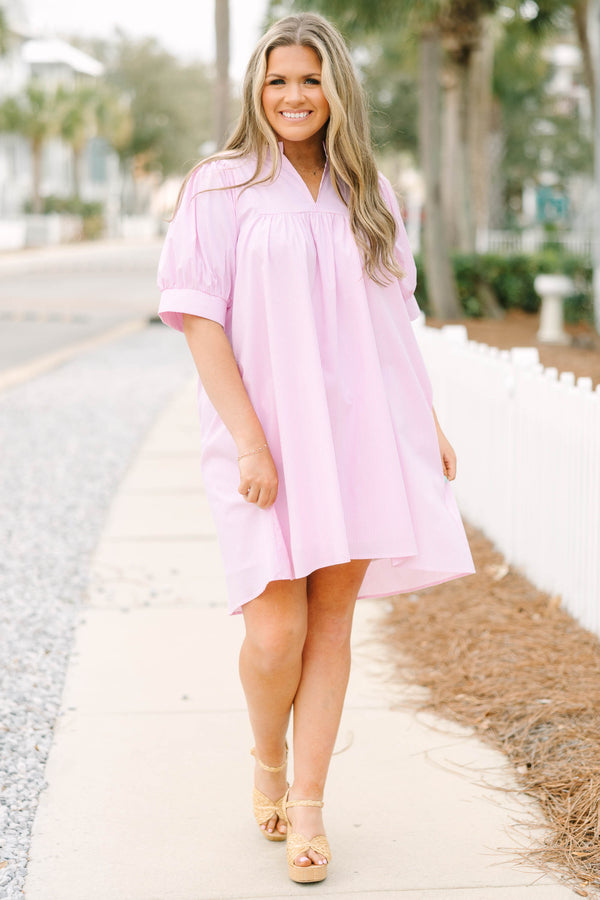 Chic Soul plus size clothing, pink and white thin pin stripe short sleeve short dress with v-neckline