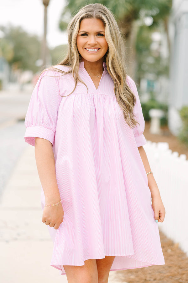 Chic Soul plus size clothing, pink and white thin pin stripe short sleeve short dress with v-neckline
