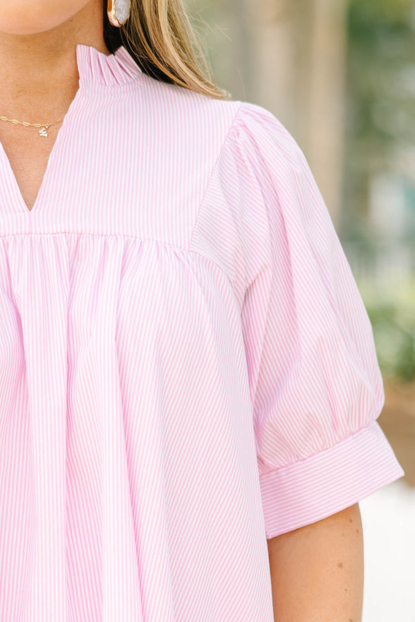 Chic Soul plus size clothing, pink and white thin pin stripe short sleeve short dress with v-neckline