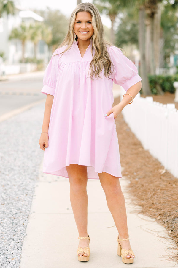 Chic Soul plus size clothing, pink and white thin pin stripe short sleeve short dress with v-neckline