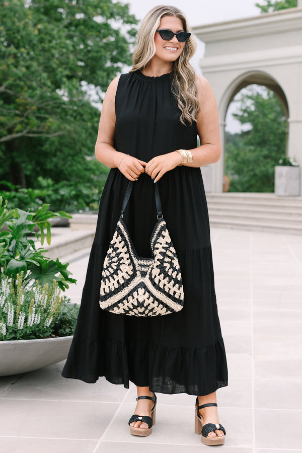 Chic Soul plus size clothing, sleeveless black tiered maxi dress with rufflled high neckline