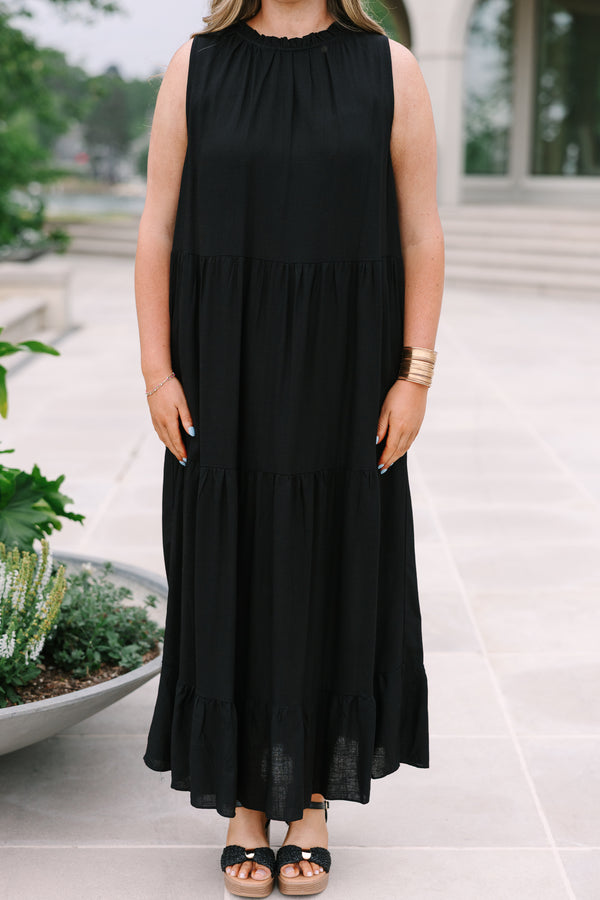 Chic Soul plus size clothing, sleeveless black tiered maxi dress with rufflled high neckline
