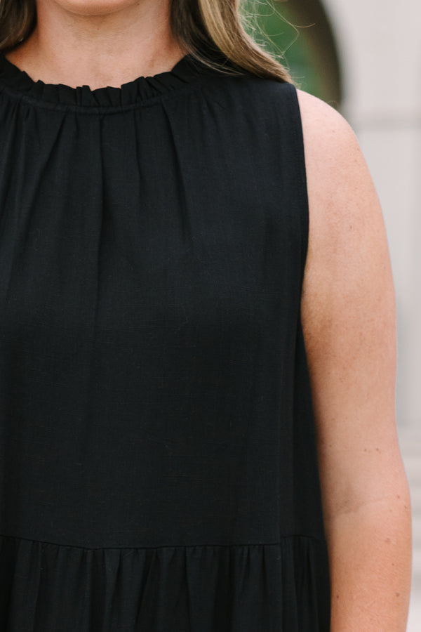 Chic Soul plus size clothing, sleeveless black tiered maxi dress with rufflled high neckline