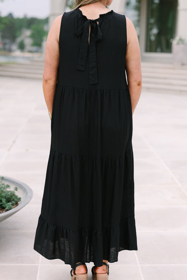 Chic Soul plus size clothing, sleeveless black tiered maxi dress with rufflled high neckline
